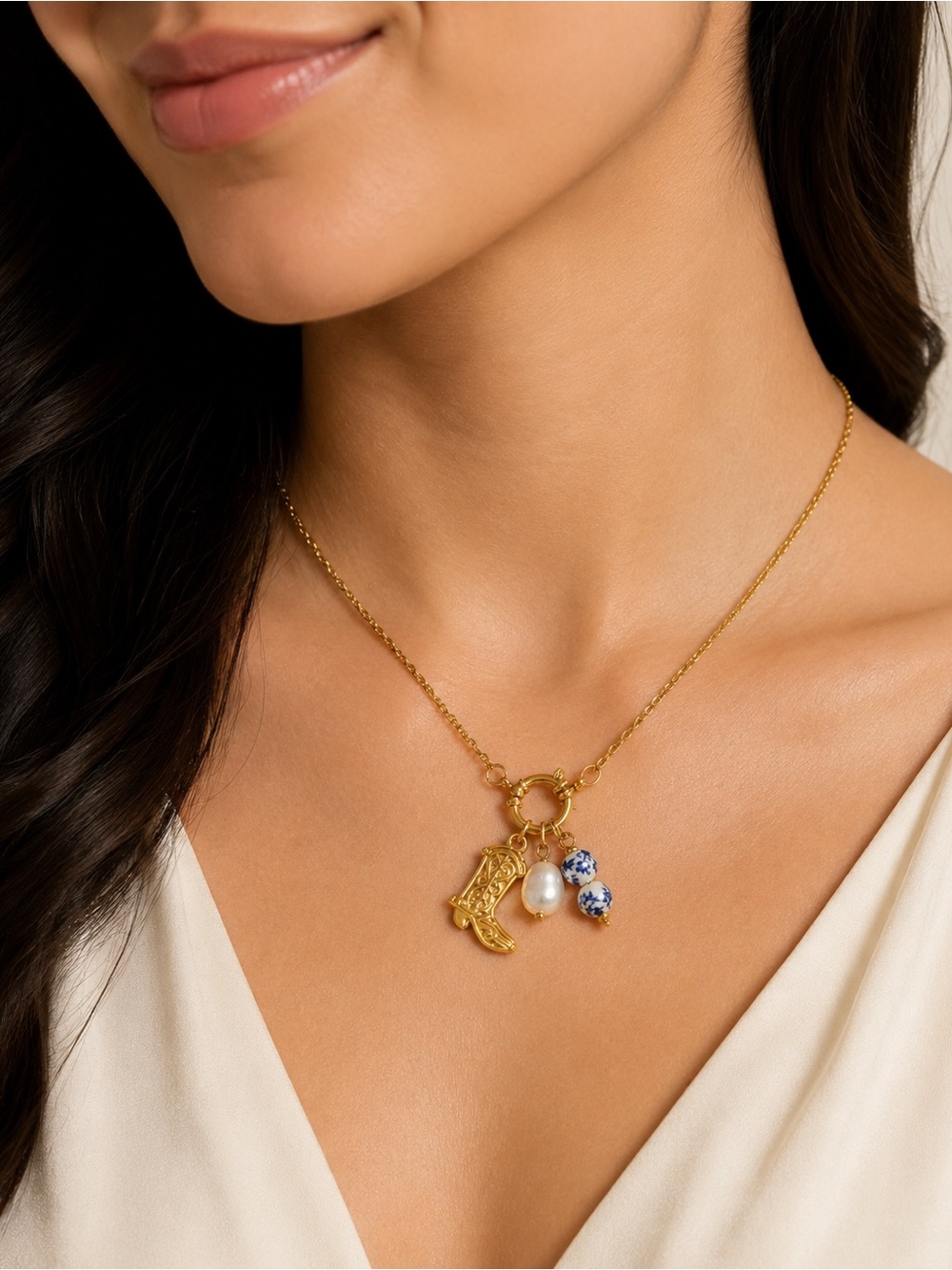 Elegant Gold Charm Necklace with Blue and White Accents steel 316L
